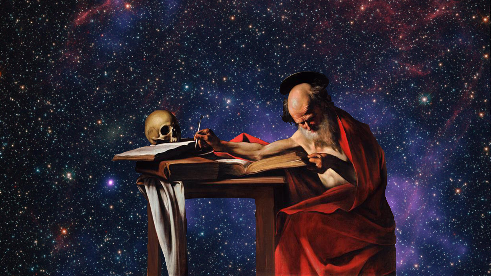 Portada de Obra de Caravaggio de un hombre viejo cubierot por una manta roja escribiendo frente a un escritorio con libros voluminosos y un cráneo, en un fondo del espacio.