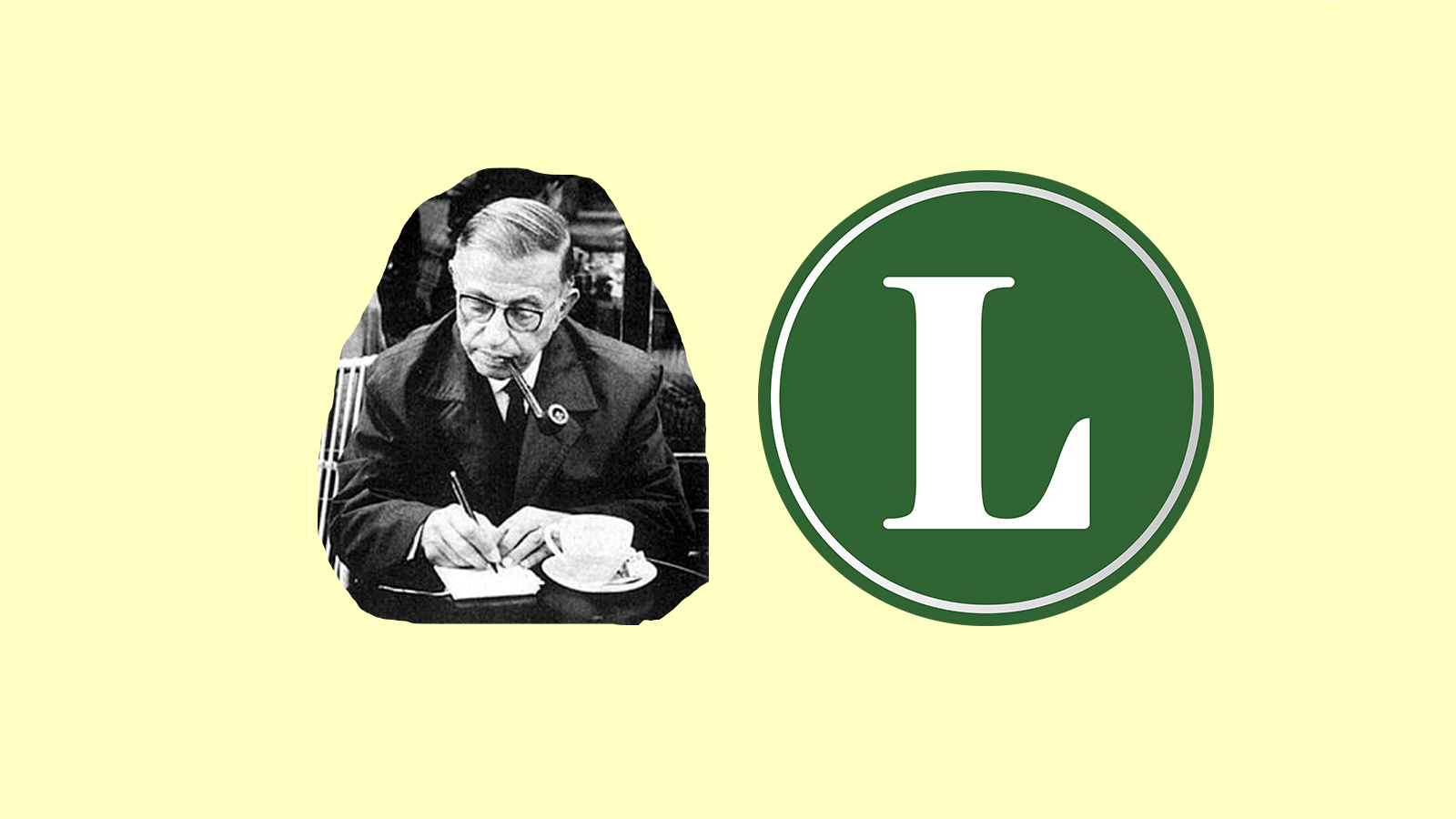 Del lado izquierdo: imagen de Jean Paul Sartre escribiendo en una libreta; del lado derecho, logotipo de Lami sobre un fondo verde; la imágen está sobre un fondo color beige